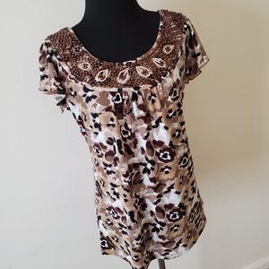 Style & Co. Brown Floral Beaded Neckline Blouse Top Shirt